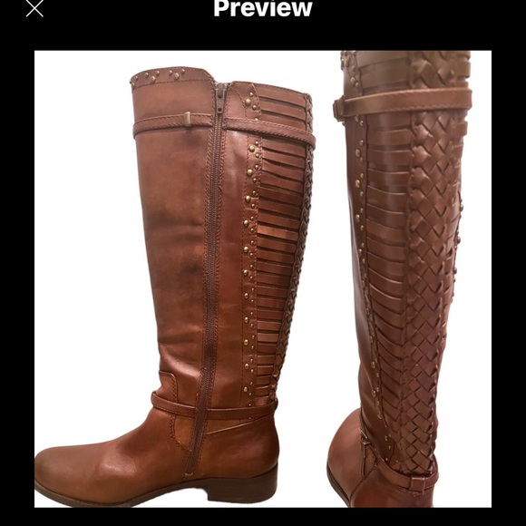 Gianni Bini Tall Brown Leather Boots Studded MotoWoven Shaft Riding Fall Style - Picture 14 of 14